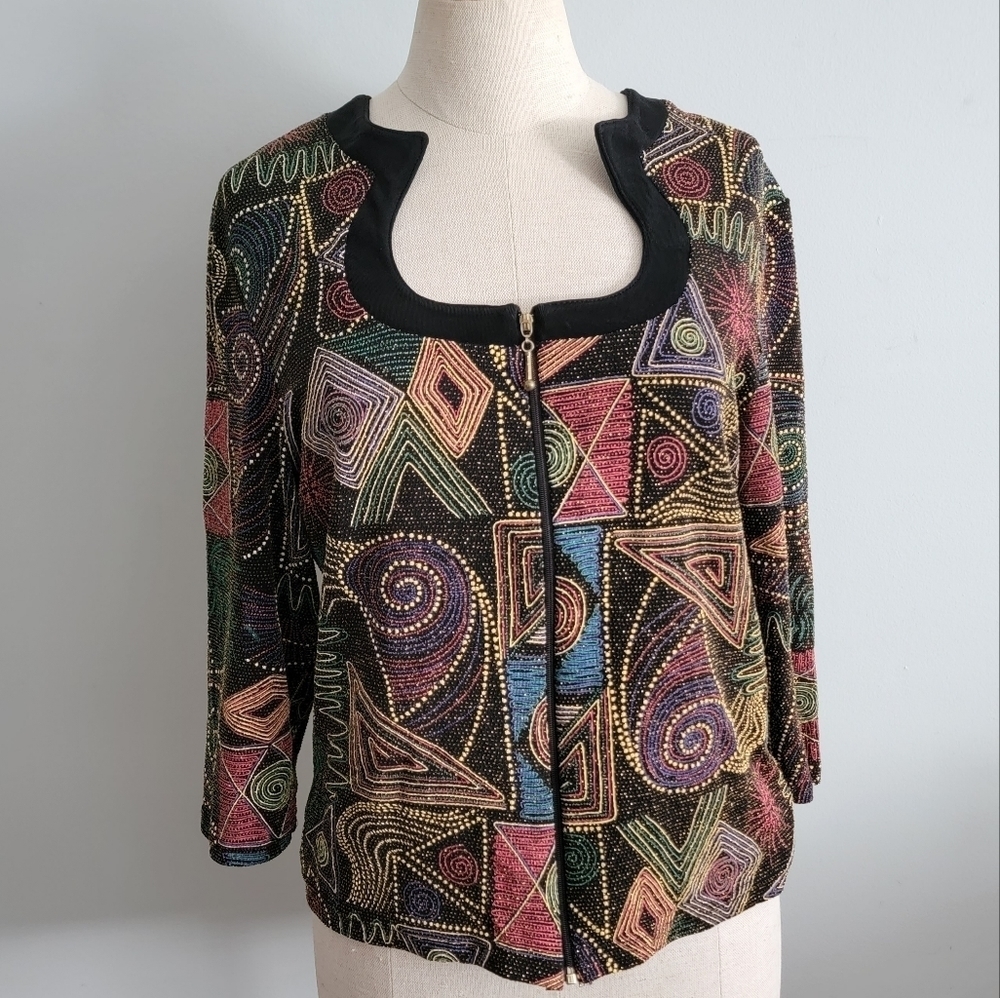 90's Libra Large Retro Zip Up 3/4 Sleeve Fitted Blouse